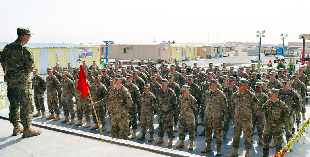 Commander of the 863rd Engineer Battalion, Lt. Col. James Feaster addresses engineer Soldiers of the 176th En. Co. 