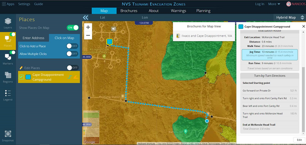 Screenshot from the NVS Tsunami Evacuation Zone website showing how to make a custom map to high ground from a chosen location.