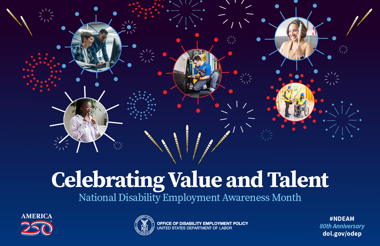 . Text reads: Celebrating Value and Talent. #DEAM, 80th Anniversary, dol.gov/odep. Dark blue background with gold, white, red, and blue fireworks graphics. Five of those include photos of people with disabilities in various work environments. America 205 log. Office of Disability Employment Policy logo.
